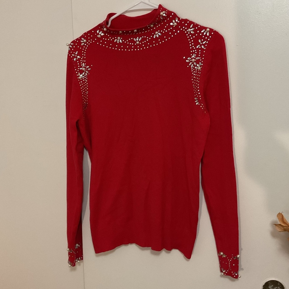 Liquido Red Long Sleeve Top with Embellishments